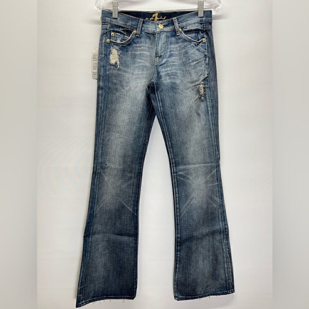 7 For All Mankind Low Rise Flare Distressed Blue Wash Jeans Womens 26 Y2k Boho